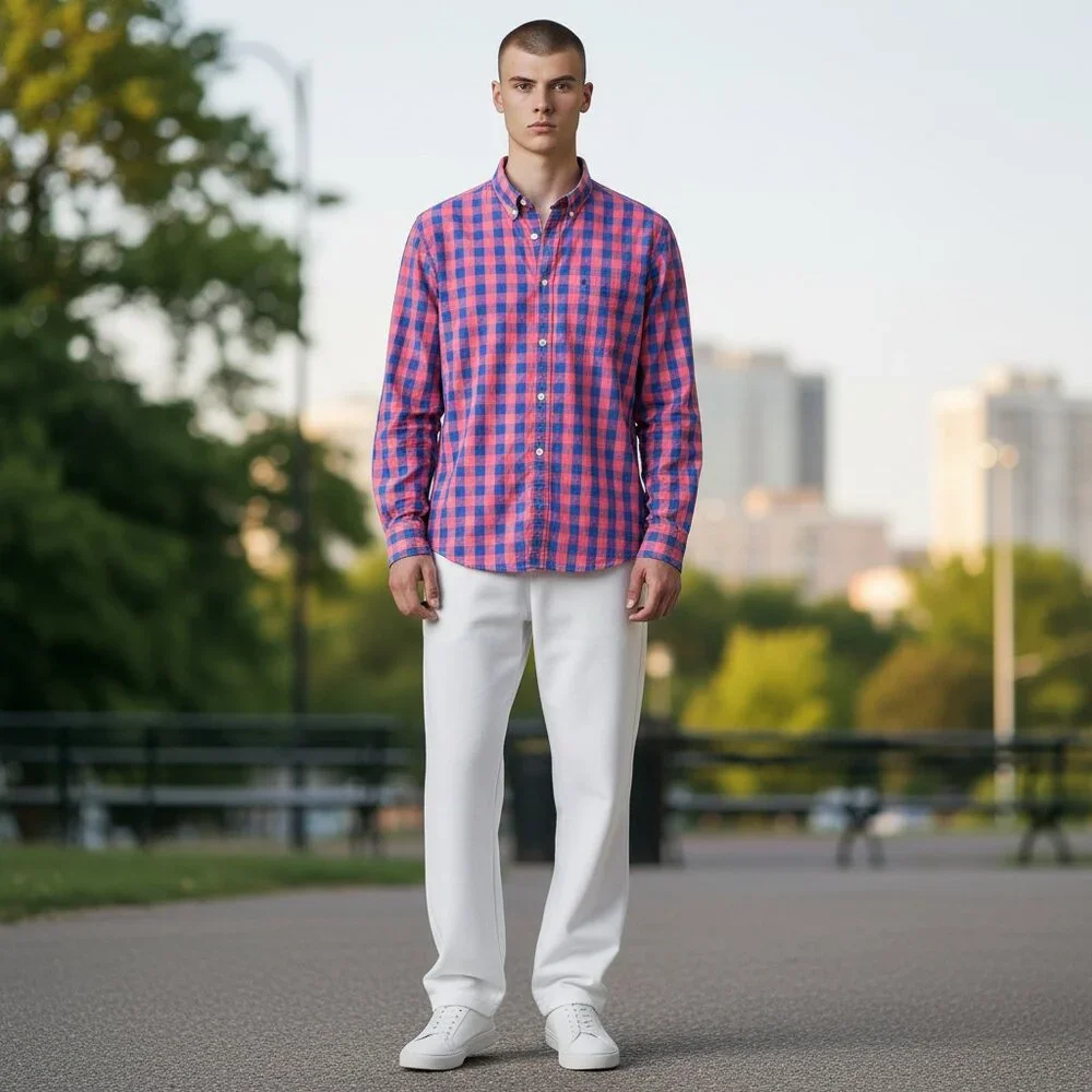 Men's J. CREW Slim Button-Down Long Sleeve Dress Shirt Blue/Pink | Size‎ XL